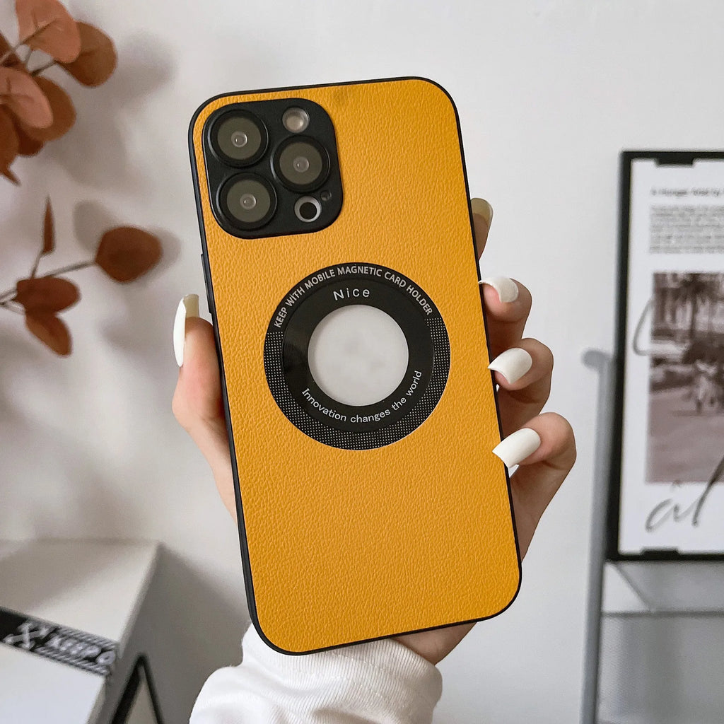 iPhone 15 Pro litchi grain leather magnetic suction phone case in black showing back cover texture