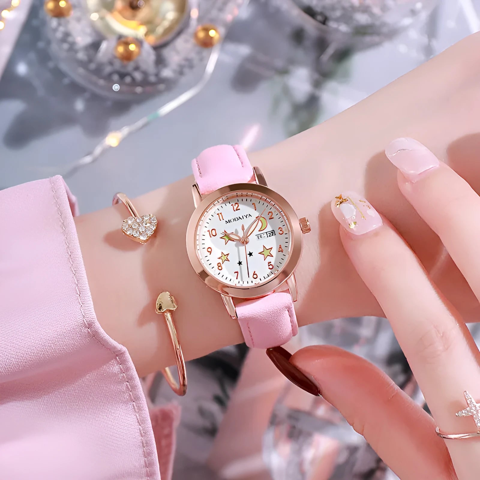 Women's quartz watch with double calendar luminous dial in pink colour