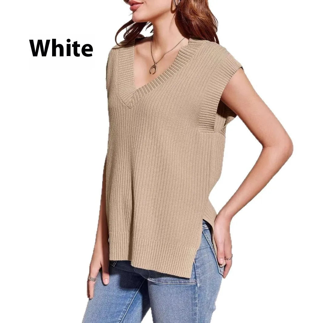 Women's camel coloured V-neck sleeveless vest with loose fitting viscose fabric