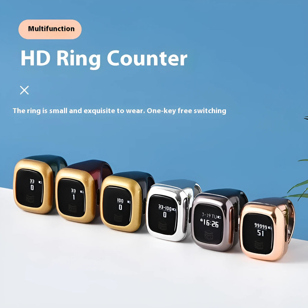 Al-Fatiha Zikr electronic counter with digital display on a wrist strap, shown in multiple colour options.