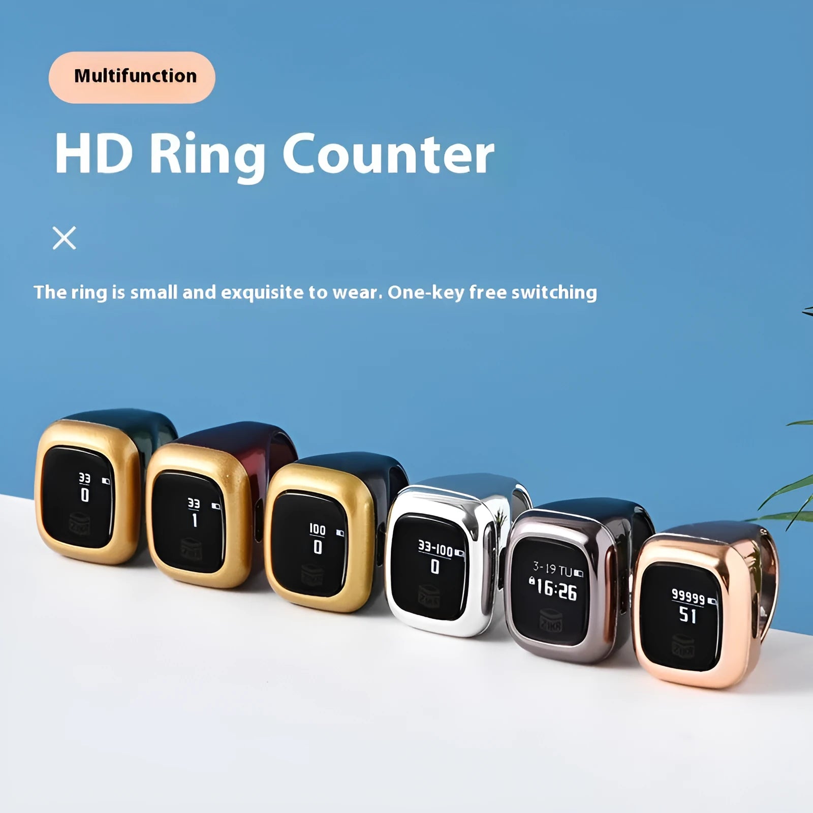 Al-Fatiha Zikr electronic counter with digital display on a wrist strap, shown in multiple colour options.