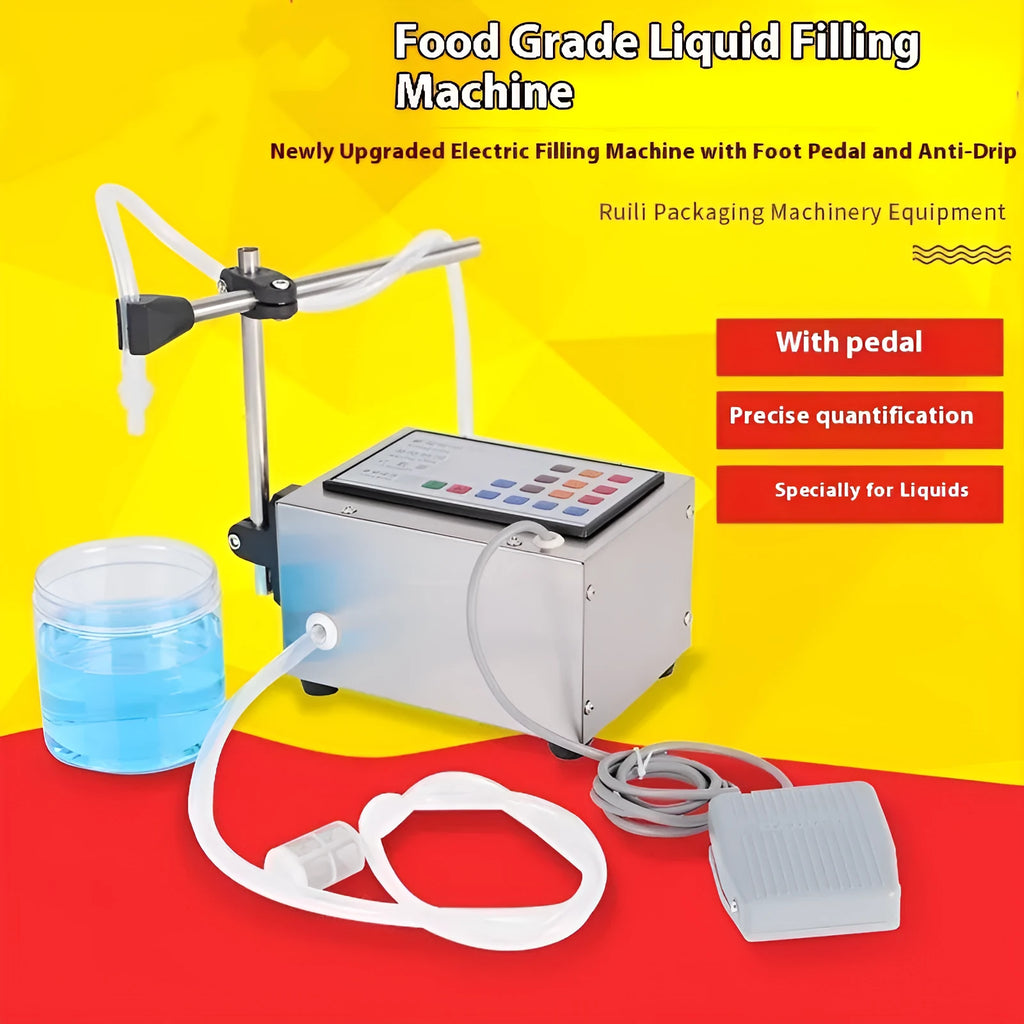 CNC quantitative filling machine with digital display and dispensing nozzle on bench-top unit