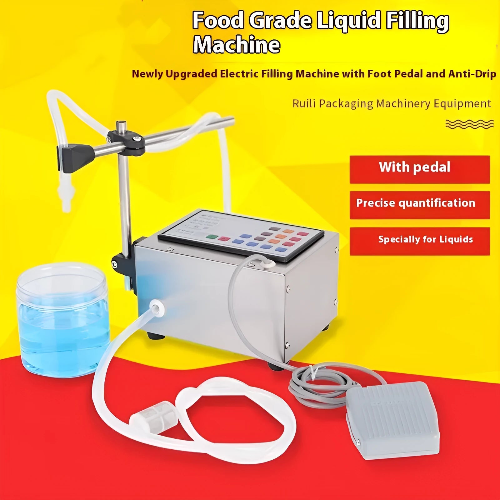 CNC quantitative filling machine with digital display and dispensing nozzle on bench-top unit