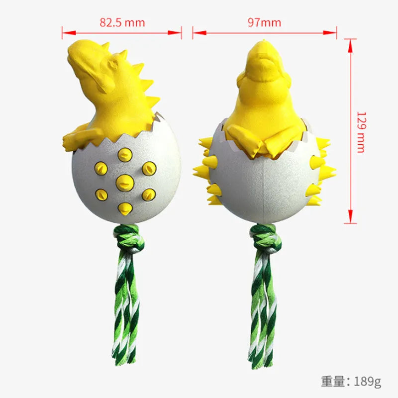 Durable dinosaur-shaped dog teething toy with rope attachment in blue, green, orange or yellow