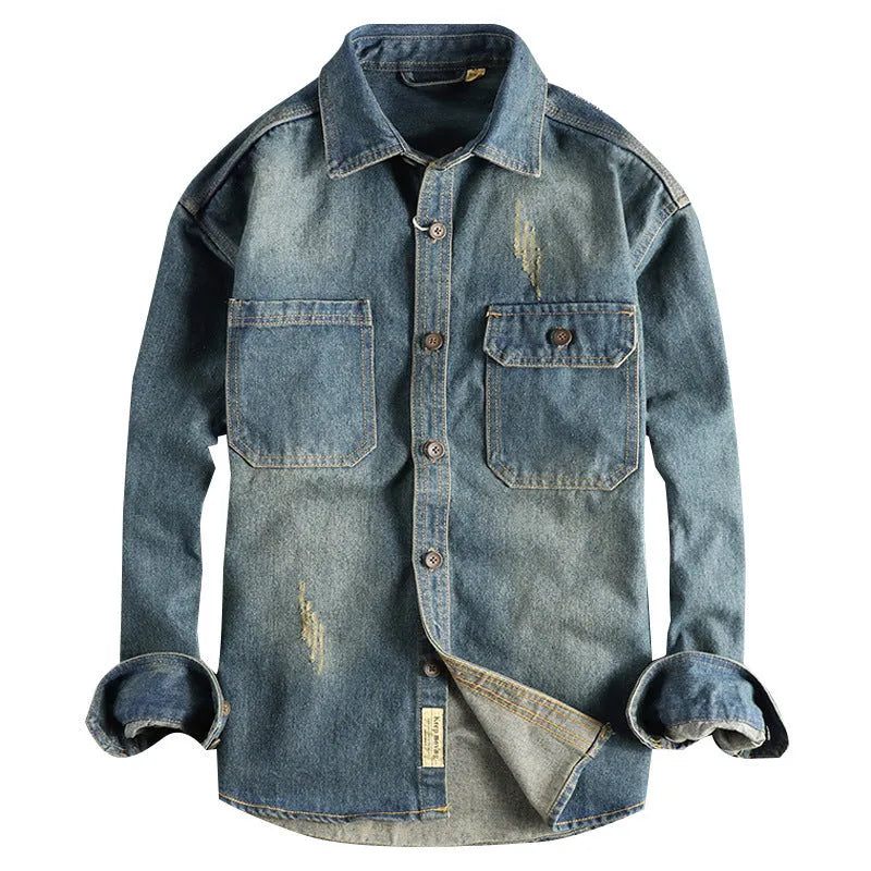 Men's light blue vintage washed denim shirt with loose fit and cardigan style