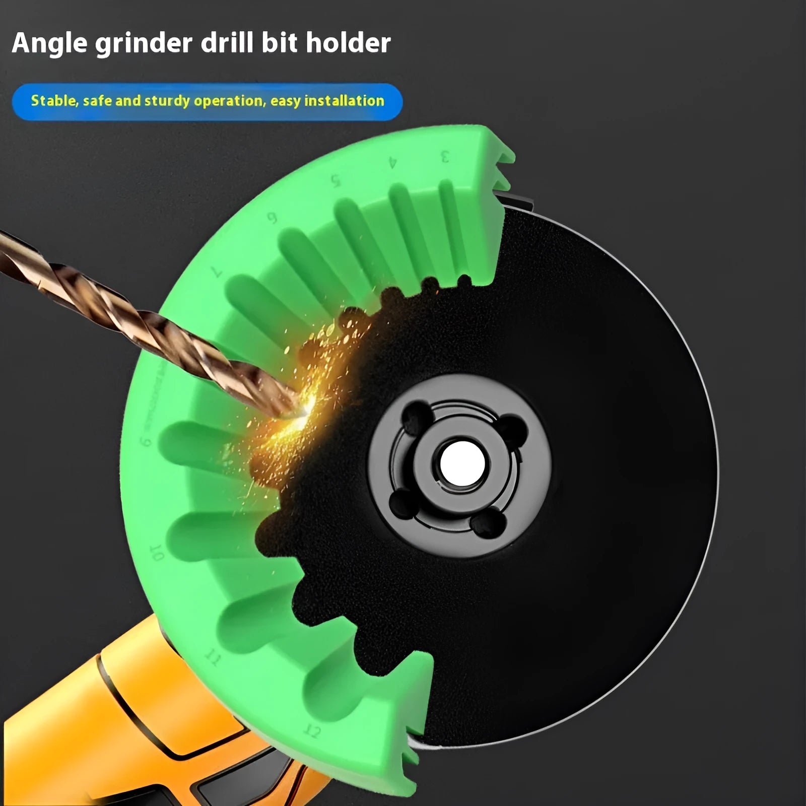 Yellow, green, and black plastic angle grinder bracket holder for sealant cartridges.