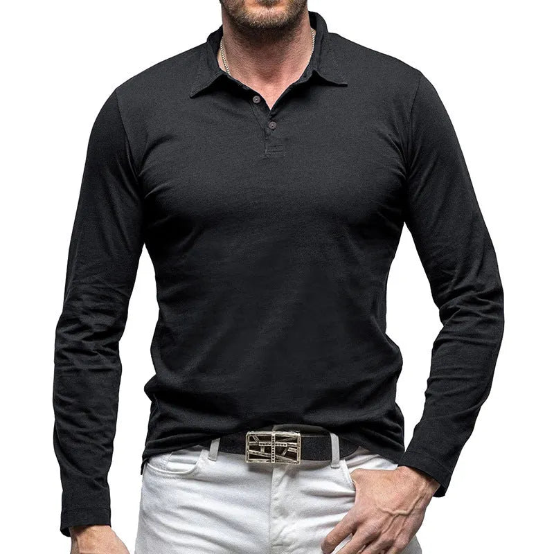 Men's dark gray cotton polo collar long sleeve t-shirt in American Retro style