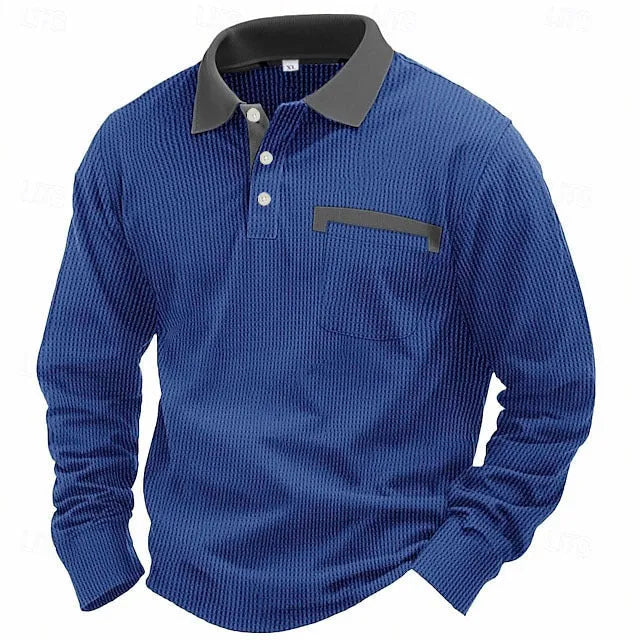 Man modelling a long-sleeved waffle-texture polo shirt in a loose, retro style.