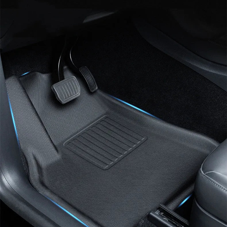 TPR floor mat set for Tesla Model Y showing foot mats, tailbox mats, and storage box mats