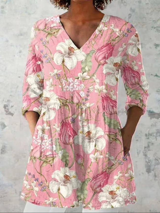 Women's retro slim fit printed long-sleeved polyester top on a hanger, showing digital print design.