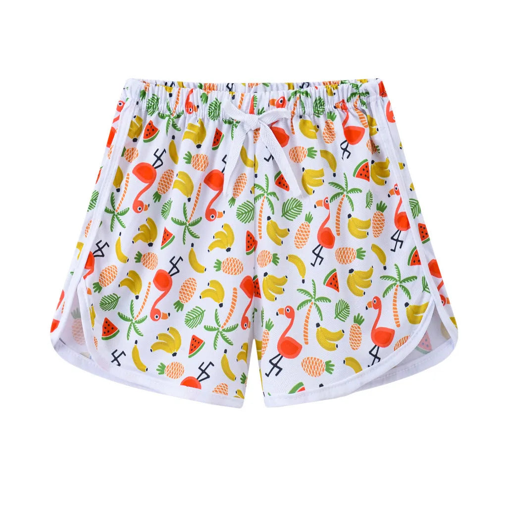 Children's casual polyester shorts in multiple colours including pink, leopard print and striped patterns