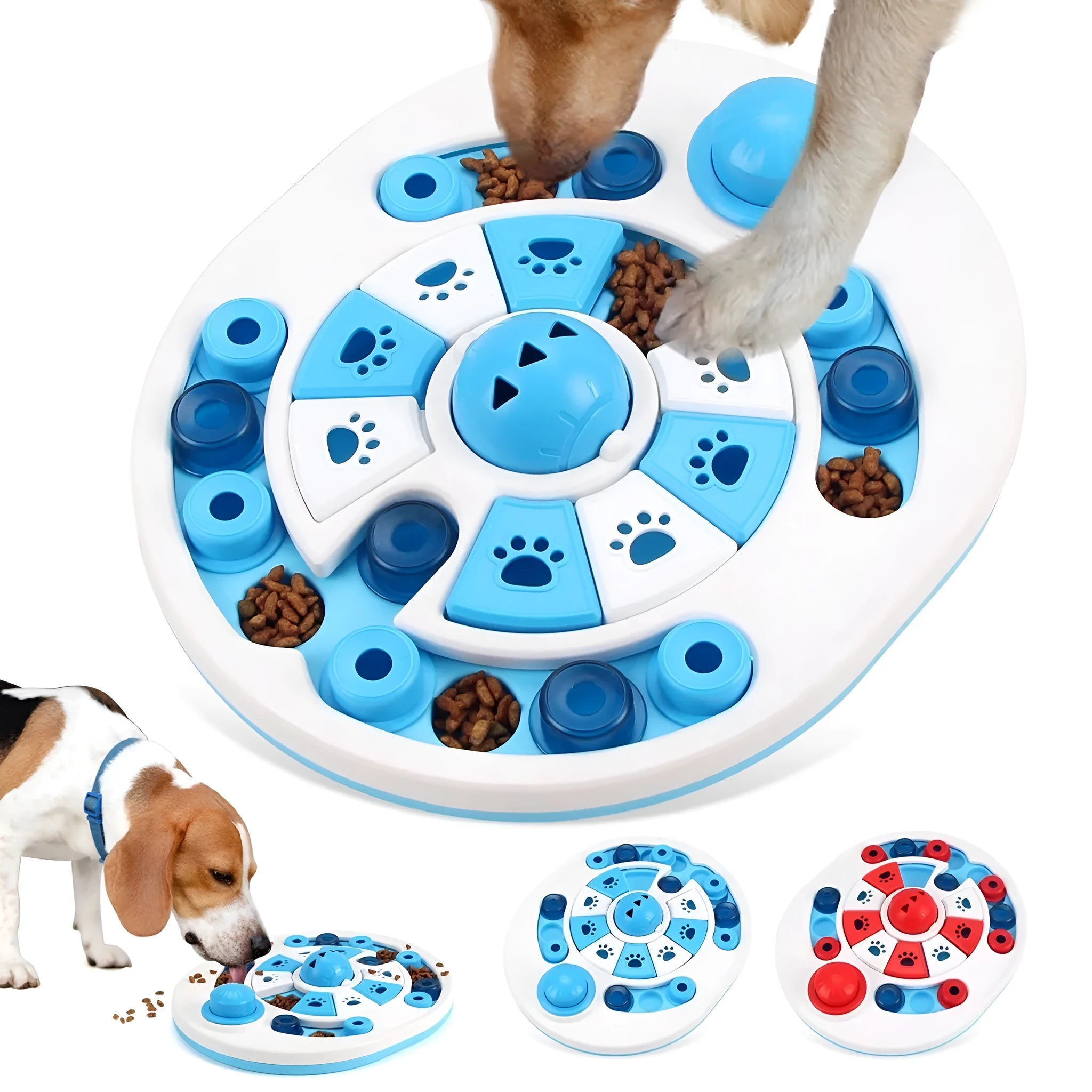 Blue dog puzzle toy with 24 food compartments and spherical bells on a flat surface