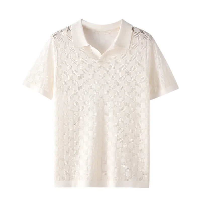 Men's mulberry silk short sleeve sweater with lapels in business casual style