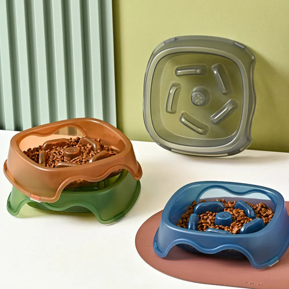 Blue slow feeder dog bowl with internal ridges to prevent fast eating and choking.