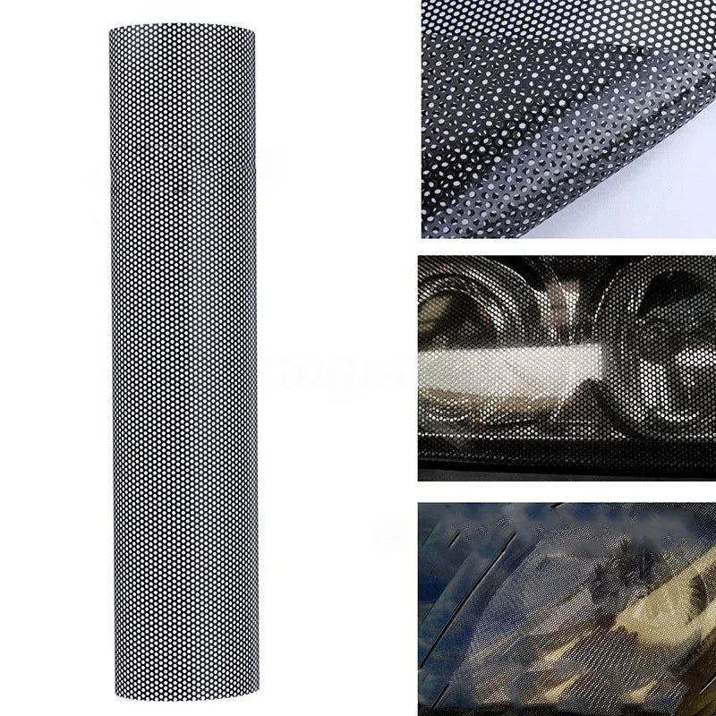Perforated black automotive window film measuring 30cm by 106cm with mesh pattern
