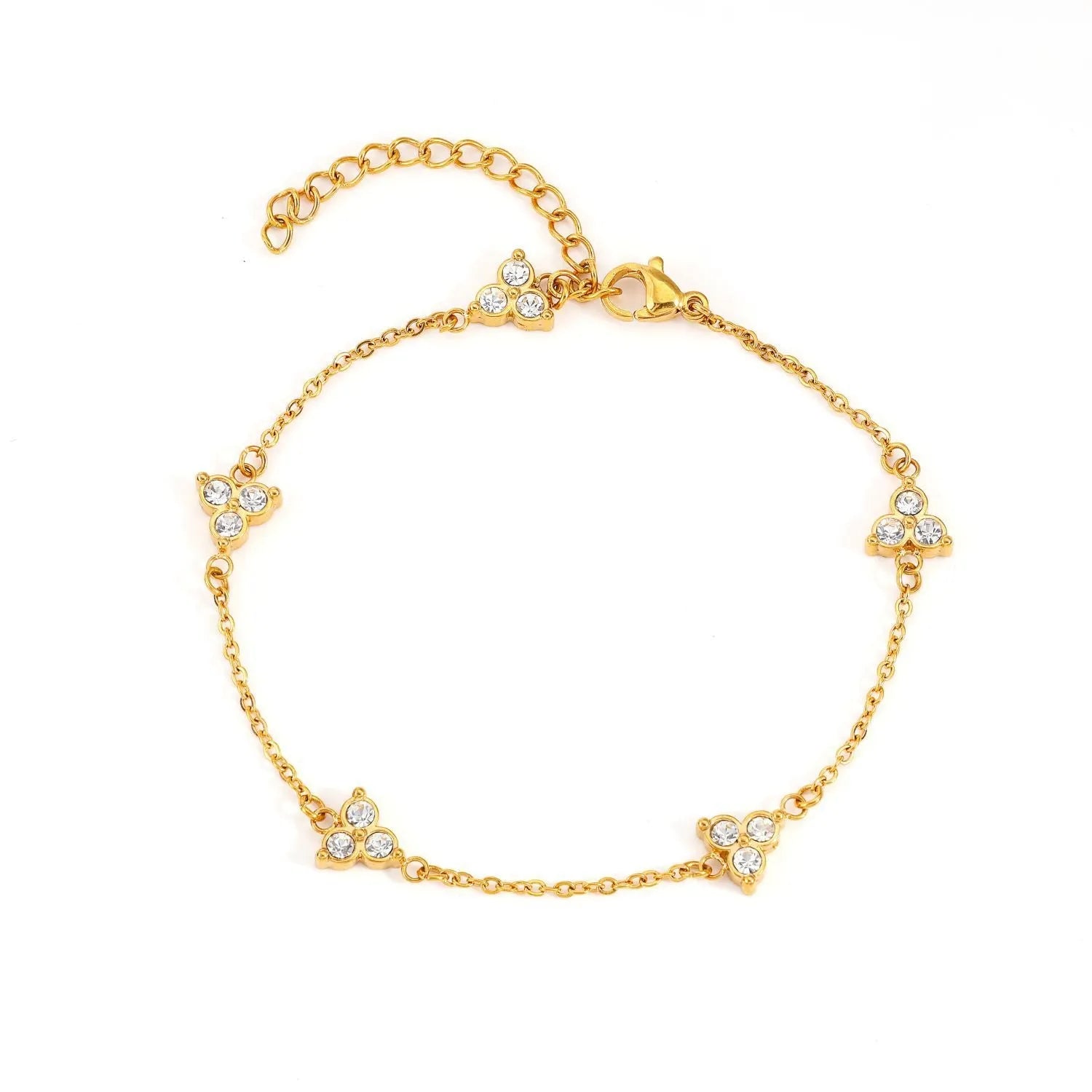 Stainless steel women's bracelet with three triangular diamond motifs set with colourful zircon stones.