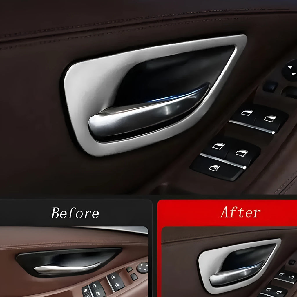 Set of four ABS stainless steel decorative trim strips for BMW 5 Series F10 F18 interior door handles.