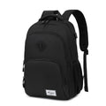 Black nylon backpack with USB charging port showing dimensions 32cm length 46cm height