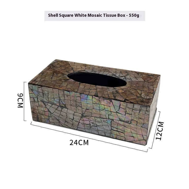 Black rectangular natural shell tissue box storage container with removable insert on a table.