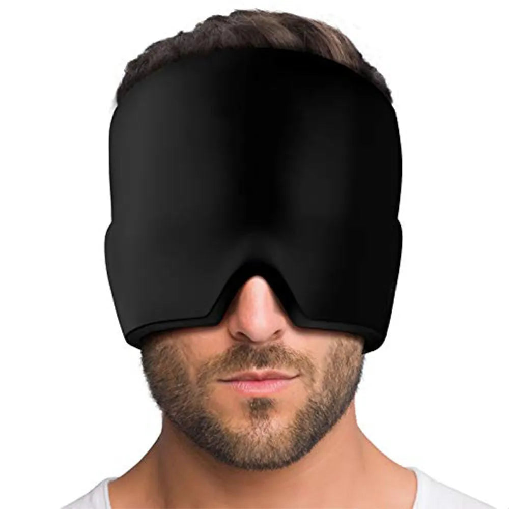 Black reusable gel ice mask for eyes and forehead on a white background