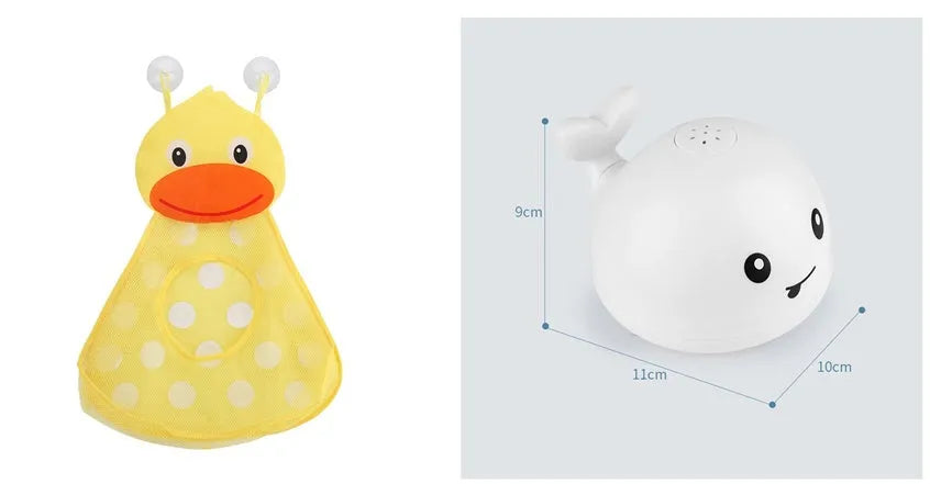 Automatic water spray whale bath toy with colourful LED lights floating in baby bath