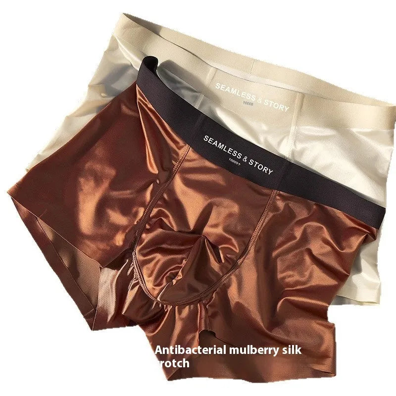 Men's ice silk underwear in satin finish showing mid-waist traceless design in coffee colour