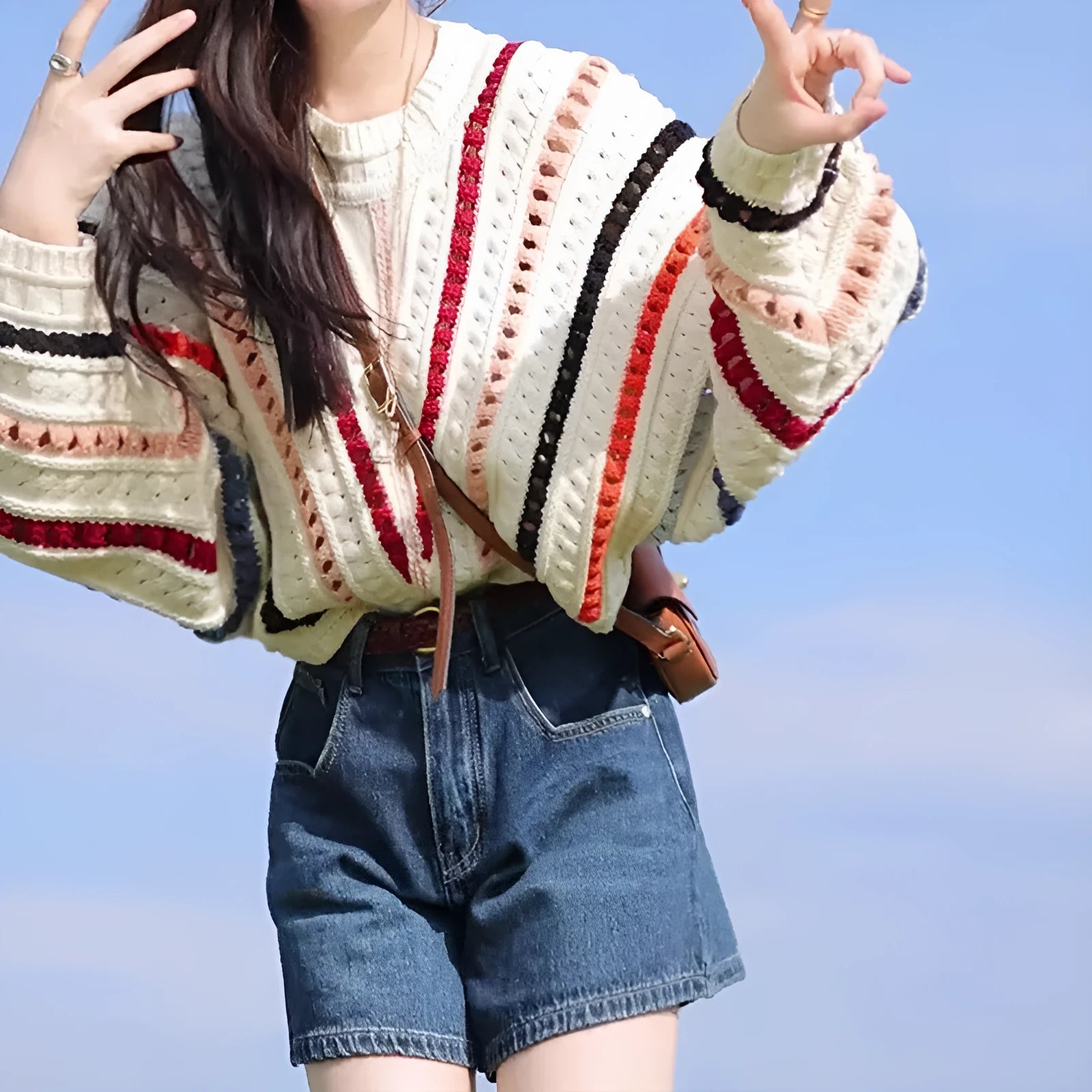 Rainbow striped batwing sleeve loose fit sweater with round neck in multi-colour retro design