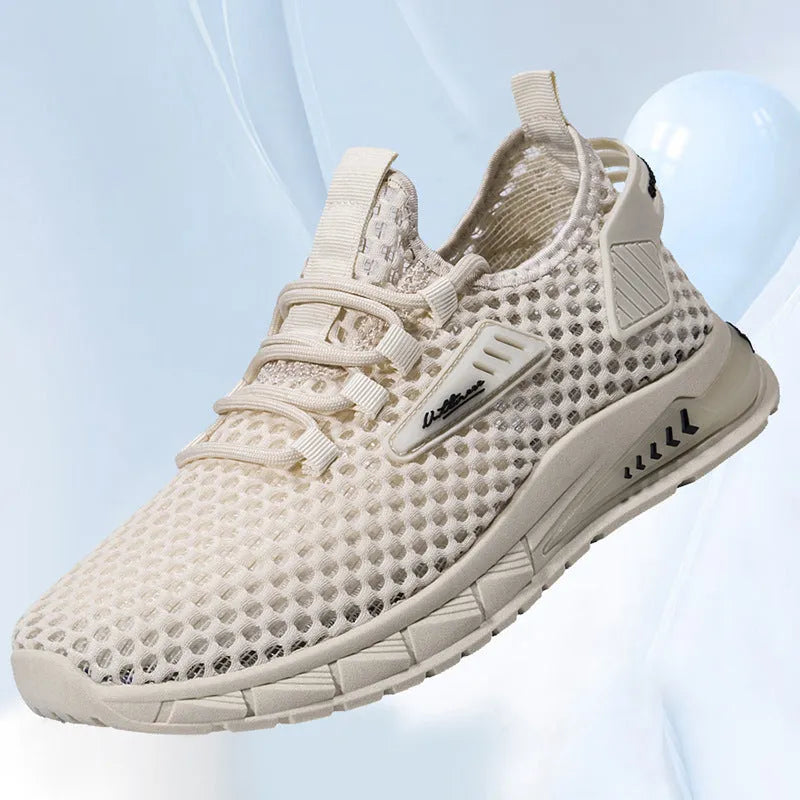 Men's beige synthetic leather and mesh sneaker with white EVA sole and lace-up front.