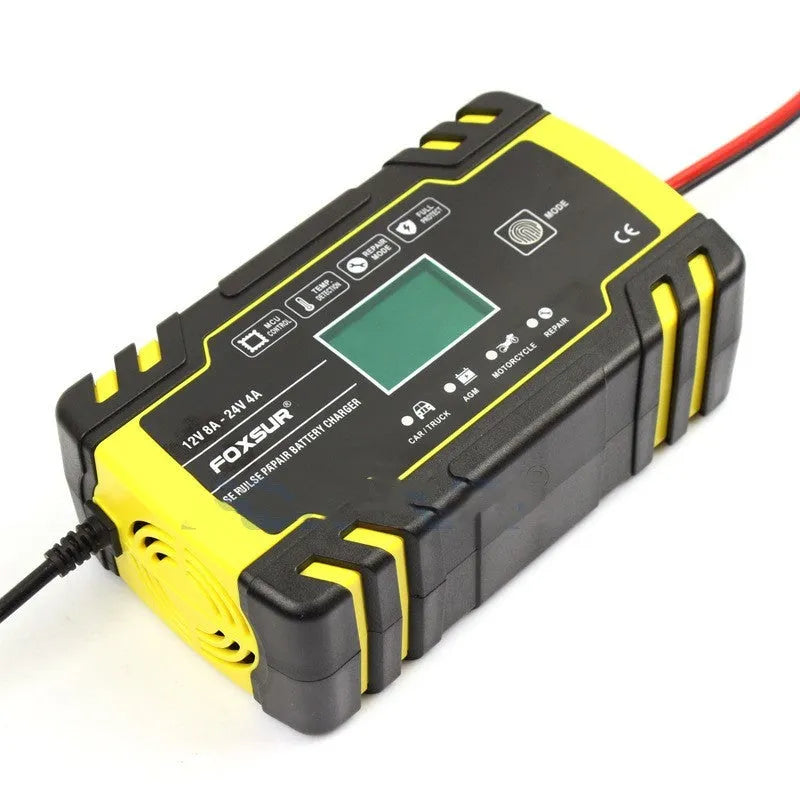 Motorcycle car battery charger with digital screen display showing 12V 24V outputs