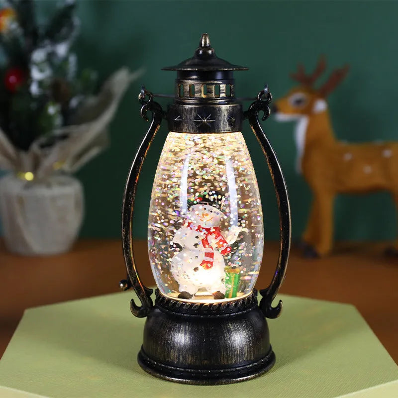 Crystal ball portable oil lamp Christmas decoration with light-emitting feature and snowman design