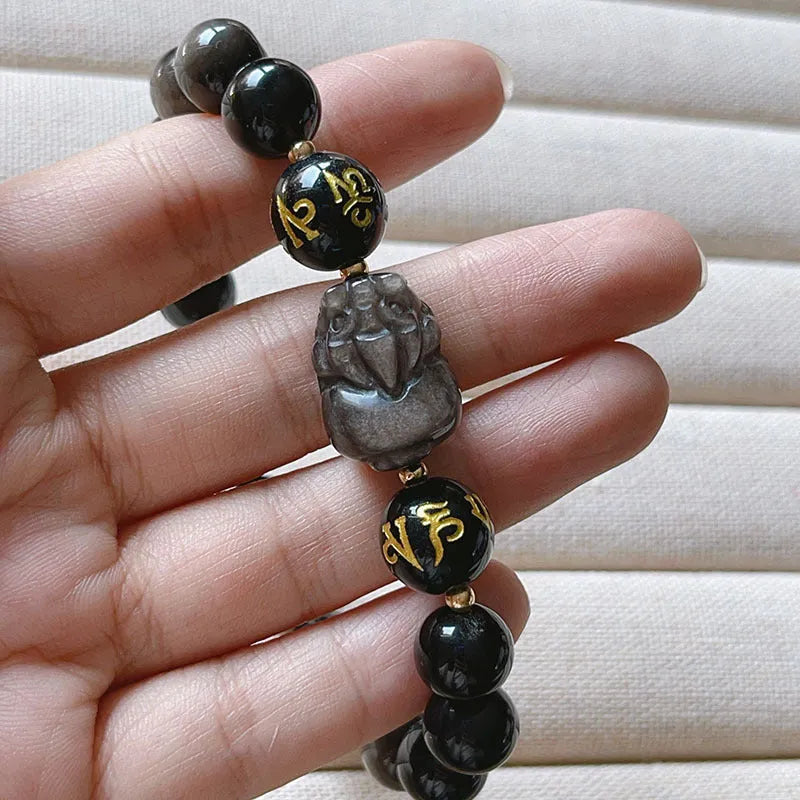Men's silver stone bracelet with engraved Chinese zodiac symbols and proverbs on beads with adjustable closure