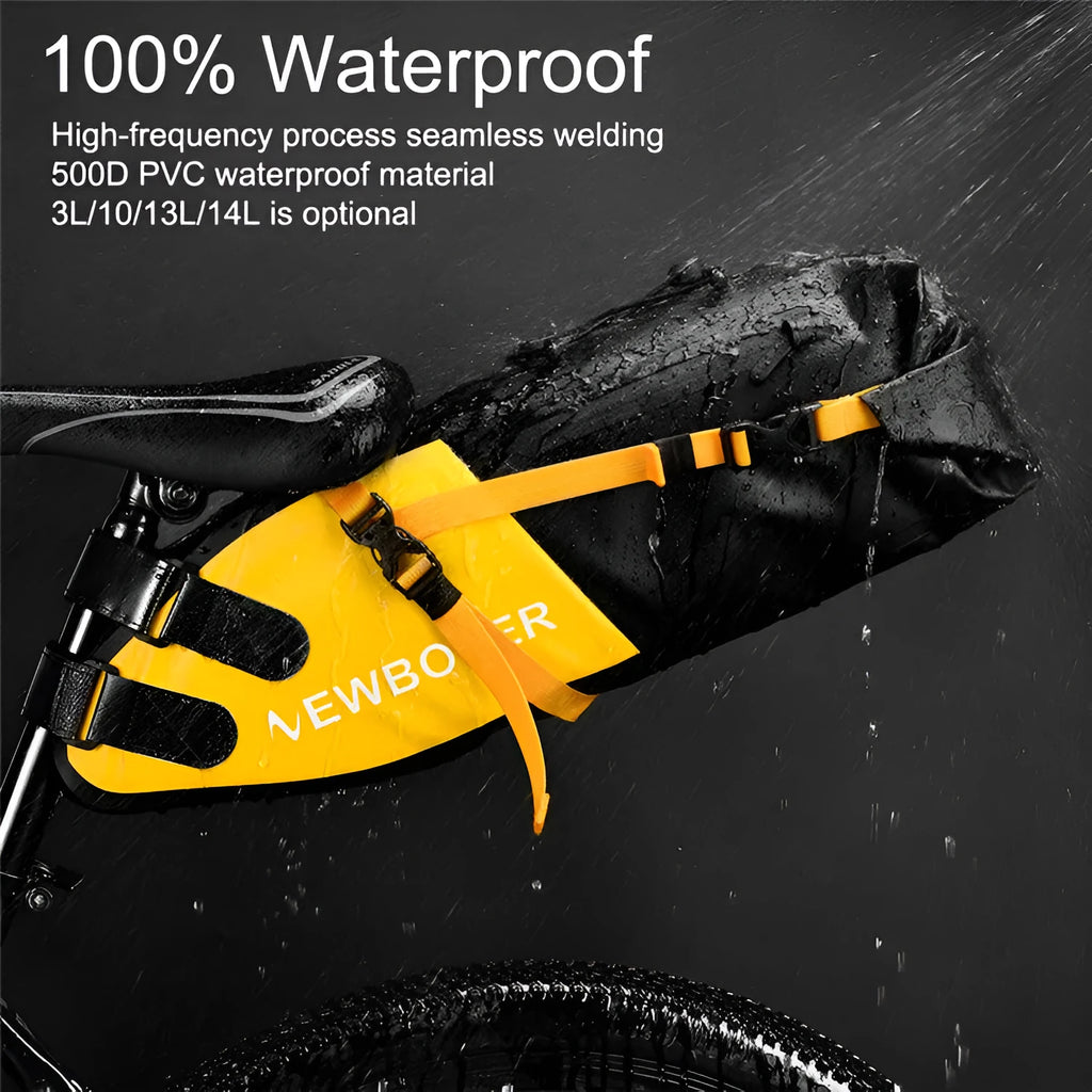 Waterproof bicycle tail bag with 13L capacity in yellow, black, or green PVC construction