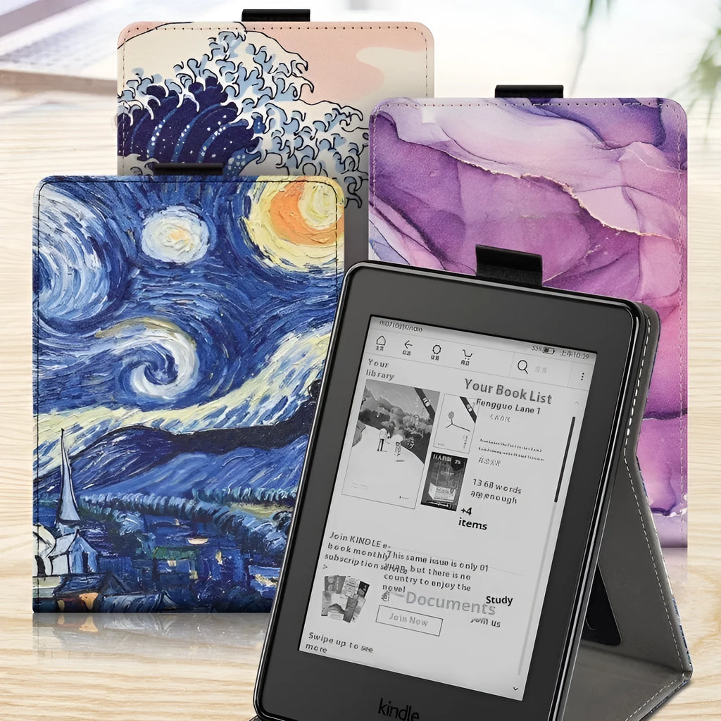 6-inch Kindle Paperwhite case with bracket stand in Van Gogh starry night design