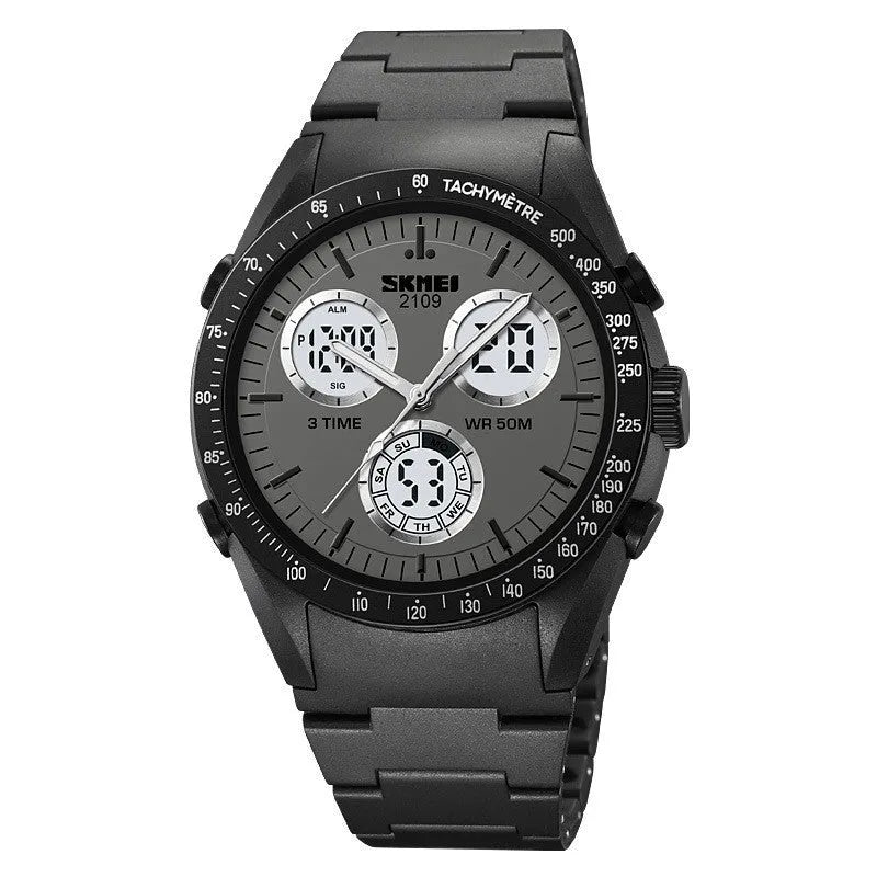 Electronic casual watch with camouflage pattern, resin mirror, and TPU strap showing 50m waterproof rating