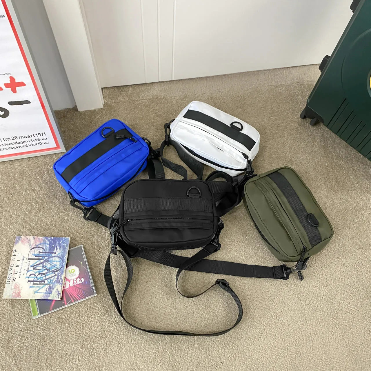 Men's nylon messenger bag with crossbody strap in street trend style showing sewing thread detailing