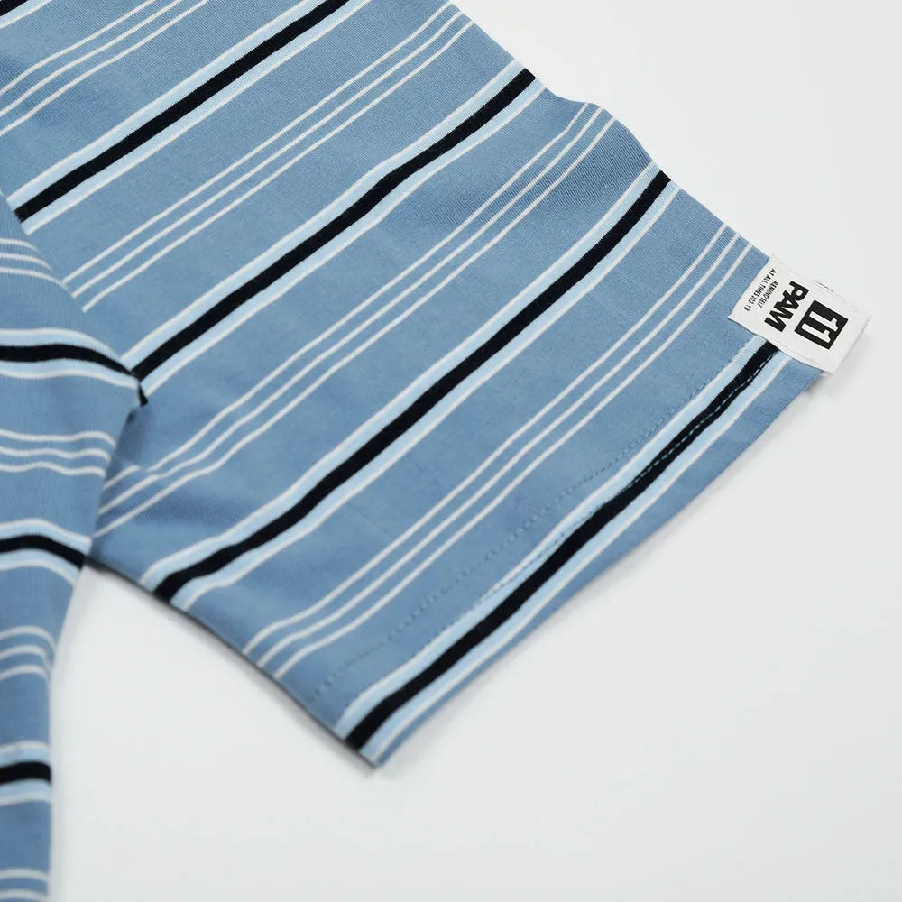 Blue stripe vintage cotton polo shirt with short sleeves and loose fit on hanger