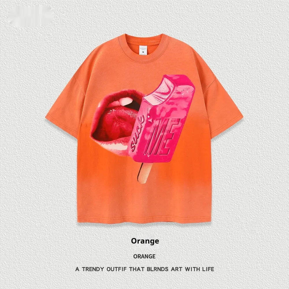 Loose fit heavy washed cotton t-shirt with a cartoon print on the front, shown in a selected colour.