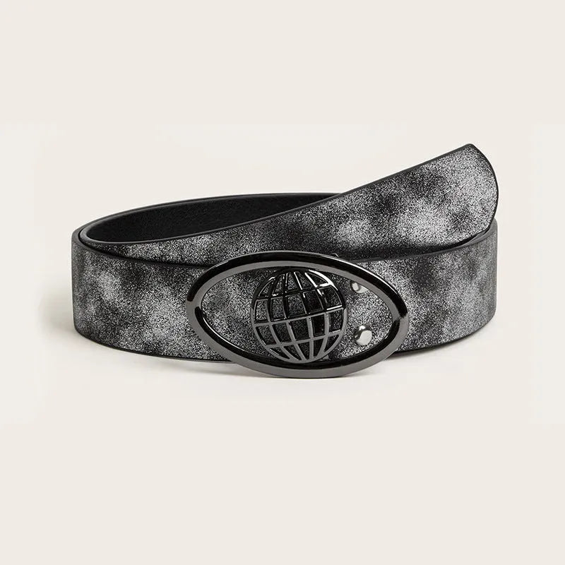 Retro women's belt with oval alloy buckle and thick 4cm PU leather strap in vintage colours