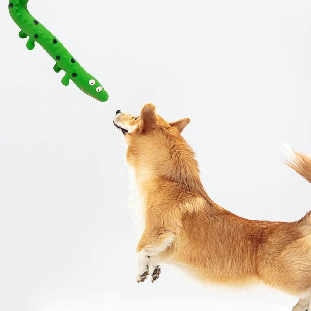 Green lizard-shaped squeaky dog chew toy with cartoon design for aggressive chewers