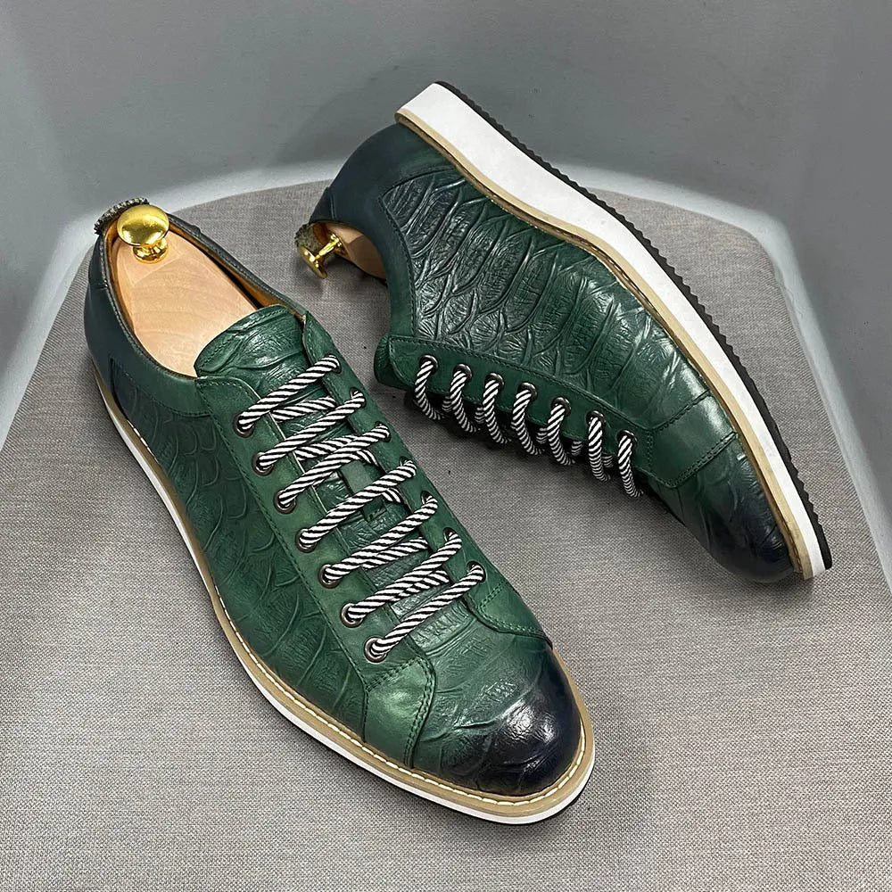 Men's low tube handmade shoes with embossed pattern and front tie closure in black green white and grey