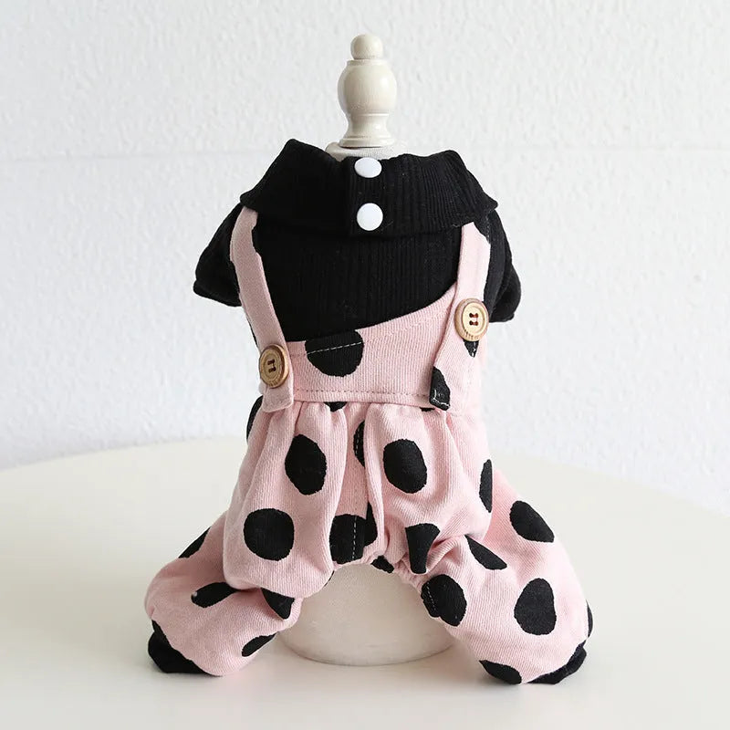 Lapel shoulder strap couple pet clothes set showing four-legged and skirt style options for dogs.