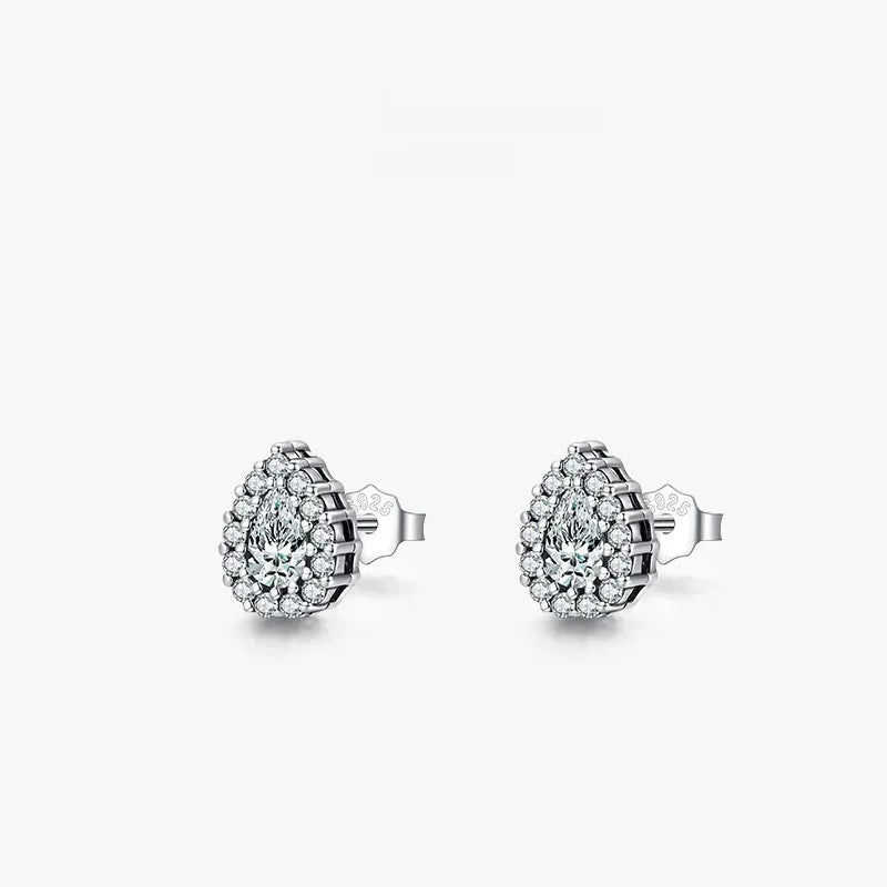 Silver water drop shaped ear studs with diamond treatment surface texture