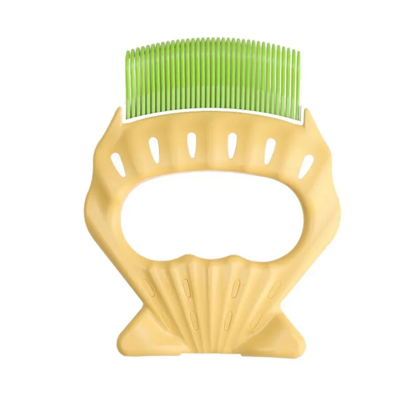 Green shell shaped plastic pet brush with bent wire bristles and an anti-slip handle