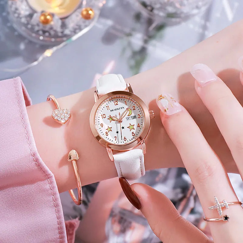 Women's quartz watch with double calendar luminous dial in pink colour