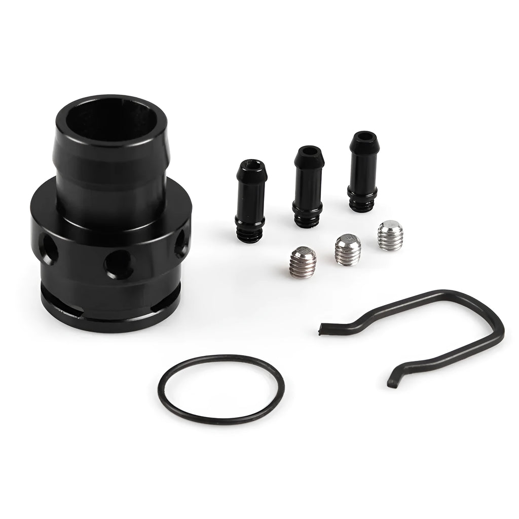 Black titanium vacuum adapter tee for second generation engine vacuum hose connections.