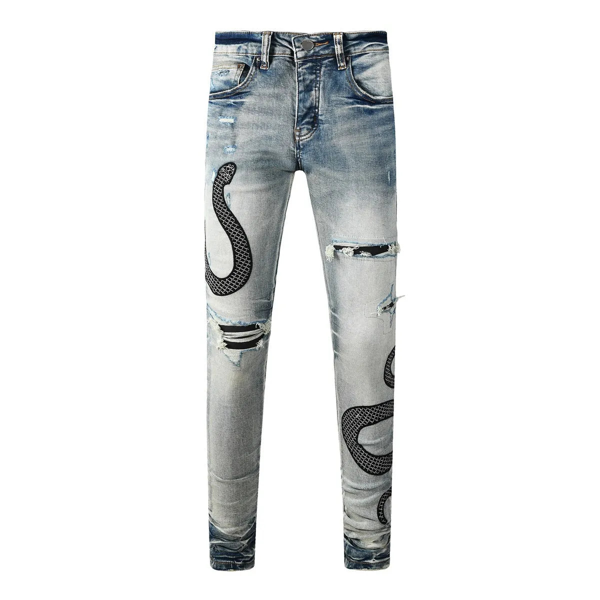Man's blue distressed skinny jeans with a vintage wash, shown on a model, featuring a button fly and a tapered leg.