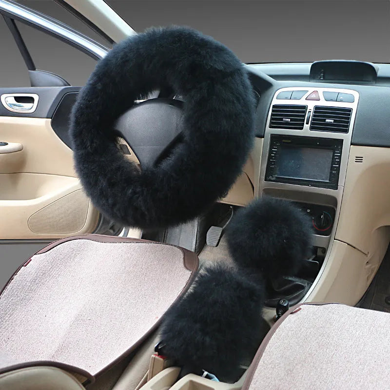 Wool and cashmere blend steering wheel cover and two matching handle covers set for 38cm diameter wheels.