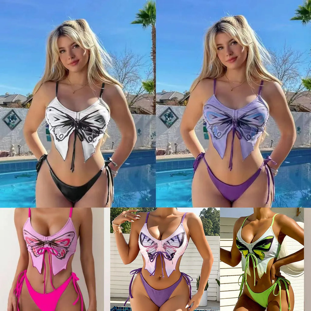 Women's purple bikini with bow ins style back detailing and briefs bottoms