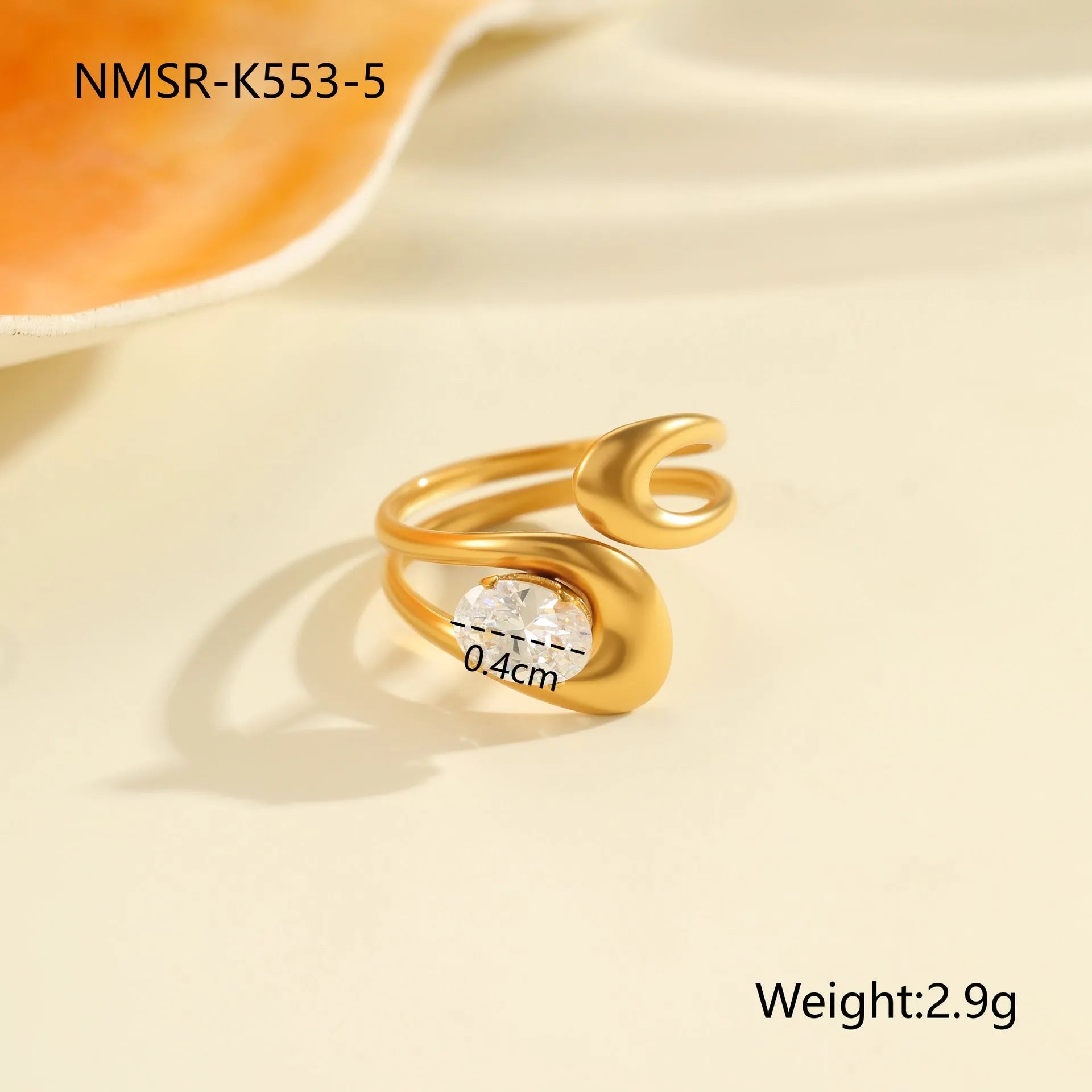 Geometric stainless steel zircon ring with open mouth design showing round, oval and quadrangle elements