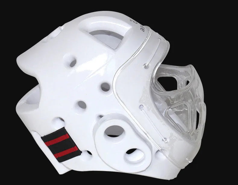 White, blue, and red karate boxing helmets for head protection in four sizes